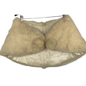 Vintage Ivory Genuine Fur Stole Wrap Pom Poms & Satin Lining RN10221